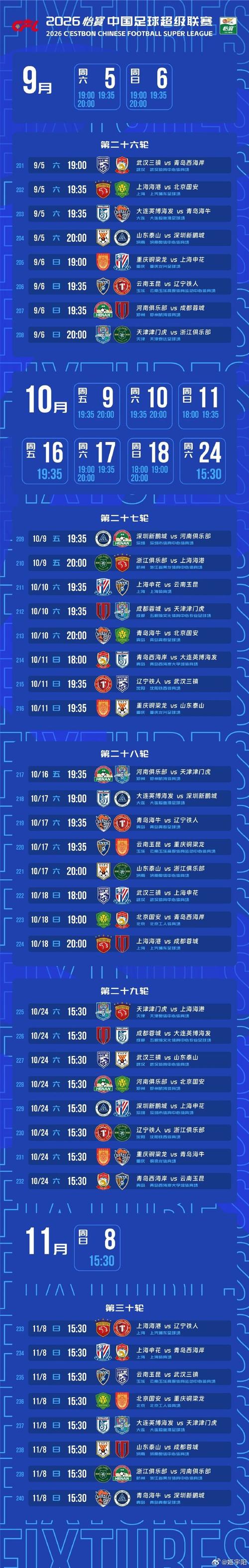 2026中超对阵表什么时候公布，2021中超对阵表及转播时间？